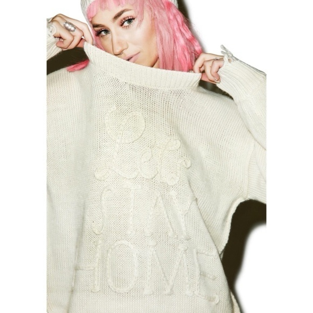 Wildfox Let’s Stay Home Distressed Sweater Pullover Beige Soft Cozy Oversized View 3